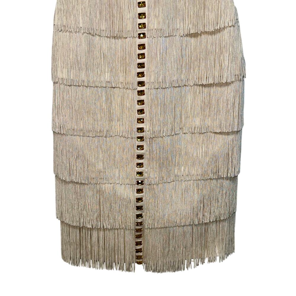 NWT Mandalay Cream Ivory Gold Beaded Fringe Midi Evening Cocktail Dress Womens 6 - Picture 4 of 16